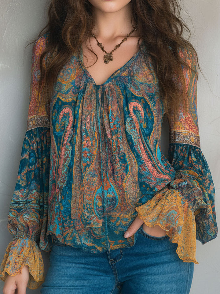 Front view of the elegant Cyrano bohemian blouse with V-neckline