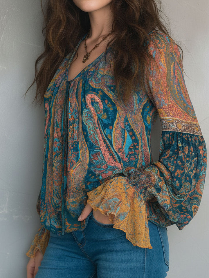 Teal flowy women's paisley blouse with ruffled sleeves, front gallery view