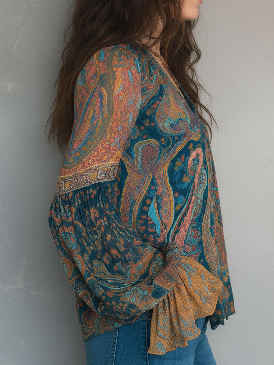 Boho chic paisley top for women featuring delicate ruffle detail, side view