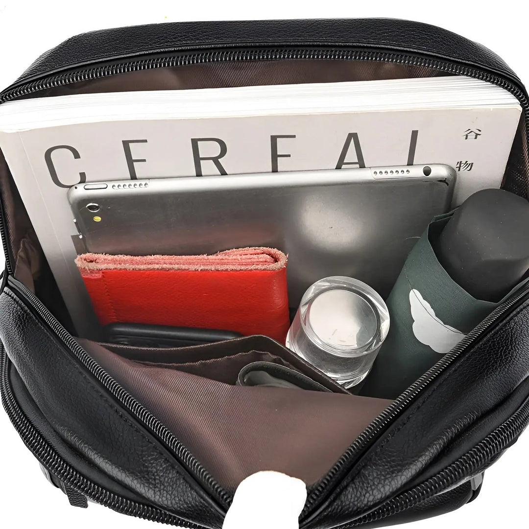 Water resistant fashion accessory backpack interior compartment and storage layout