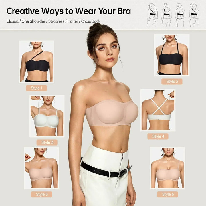 Flat lay of multiple colors available for the womens strapless bra