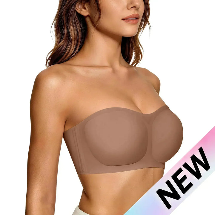 Model wearing the hot selling push-up bandeau bra under casual wear