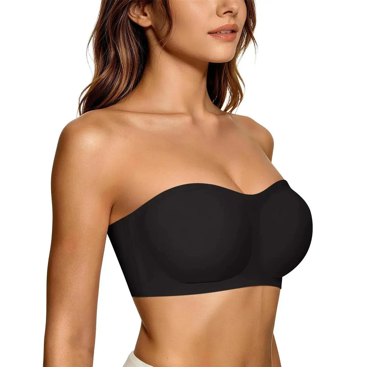 Nude non-slip strapless push-up bra laying flat on a neutral background