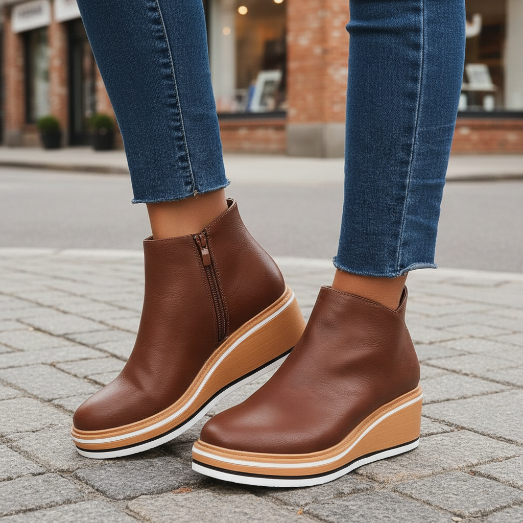 Women wearing brown platform ankle boots outdoors with blue jeans