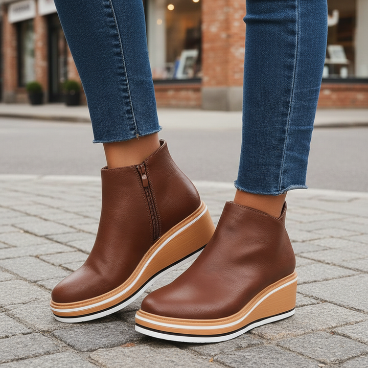 Women wearing brown platform ankle boots outdoors with blue jeans