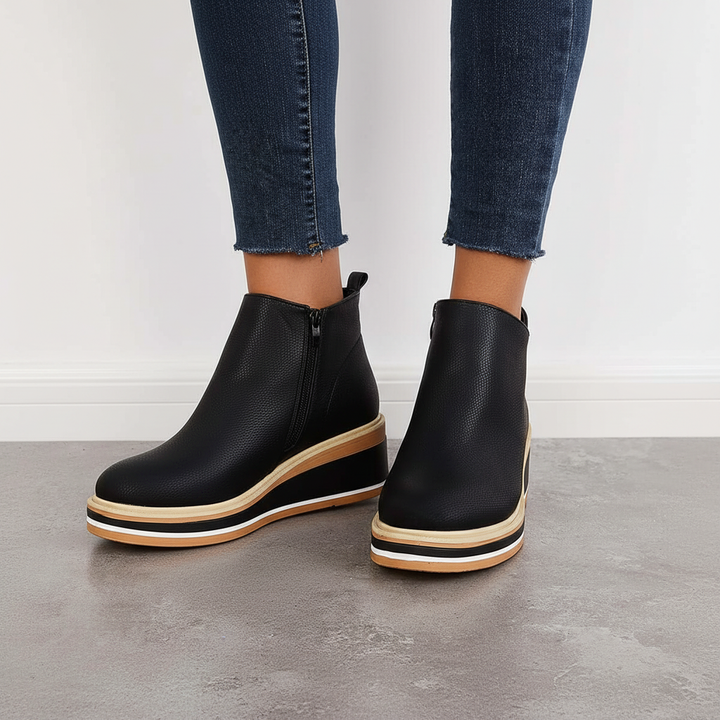 Women's black platform ankle boots with side zipper and chunky wedge heel