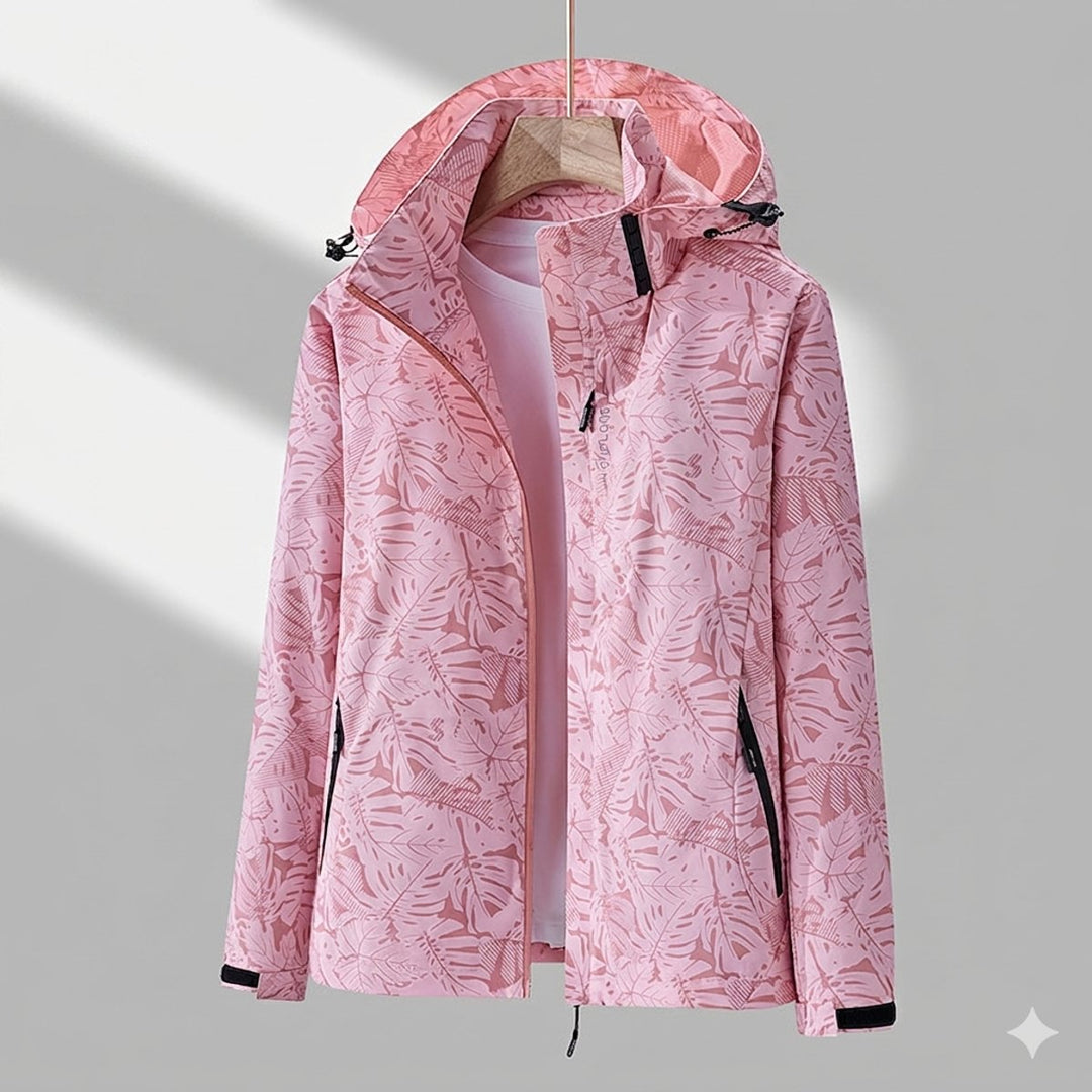 Womens waterproof outdoor jacket front view with zip closure and pockets