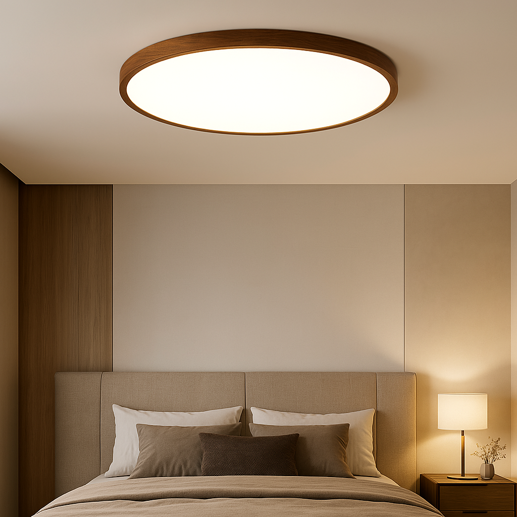 Nordic style circular wooden ceiling lamp mounted above a modern bedroom setup