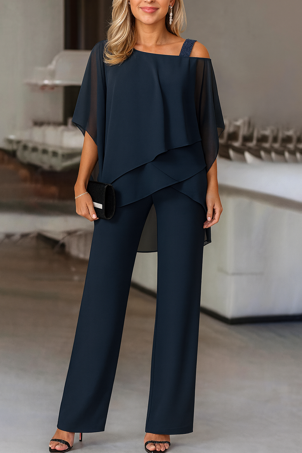 Formal evening wear party outfit featuring a tailored plus size pantsuit in solid color