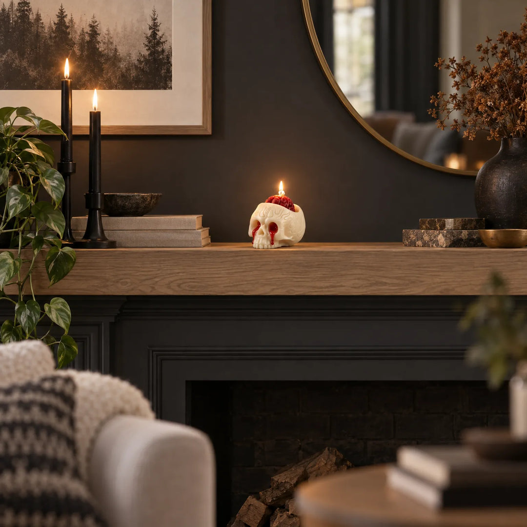 Decorative skull candle placed on a mantelpiece as seasonal home decor