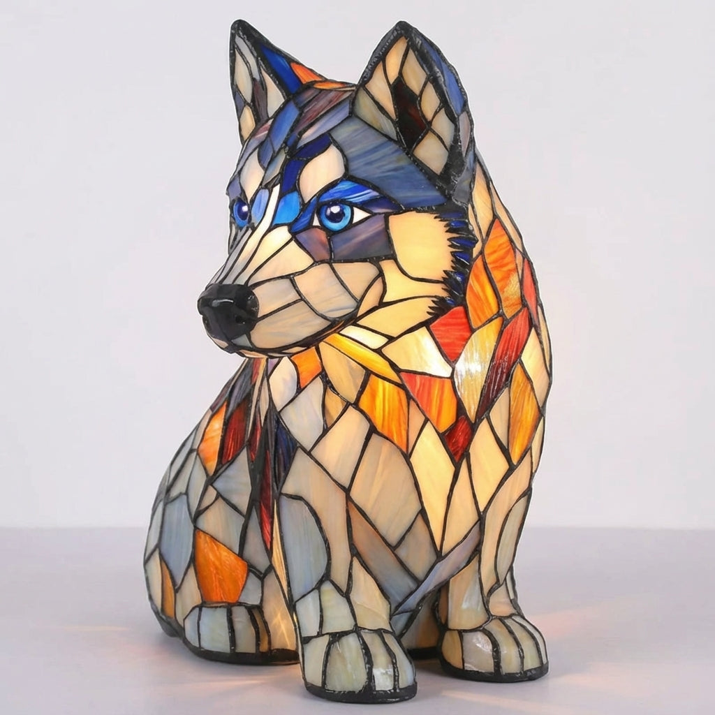 Full shot of the decorative stained glass dog lamp and cord