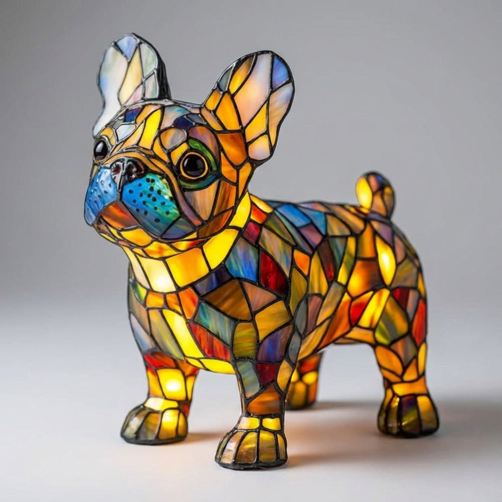 Stained glass dog lamp featuring colorful mosaic panels against a neutral background.