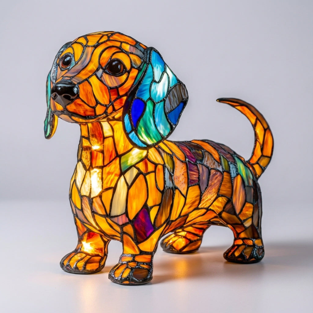 Decorative dog table lamp illuminated as a cozy bedside light