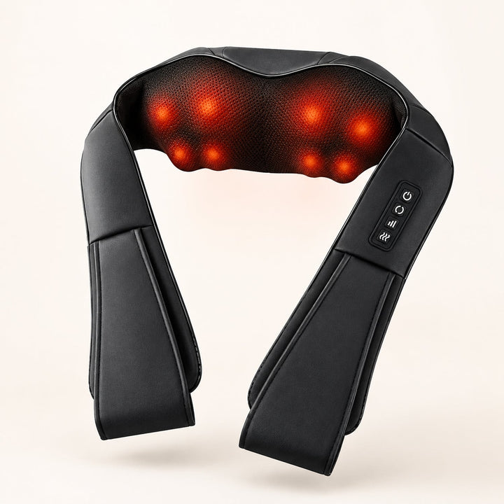 Studio view of the ergonomic black heated neck and shoulder massager showing glowing massage nodes