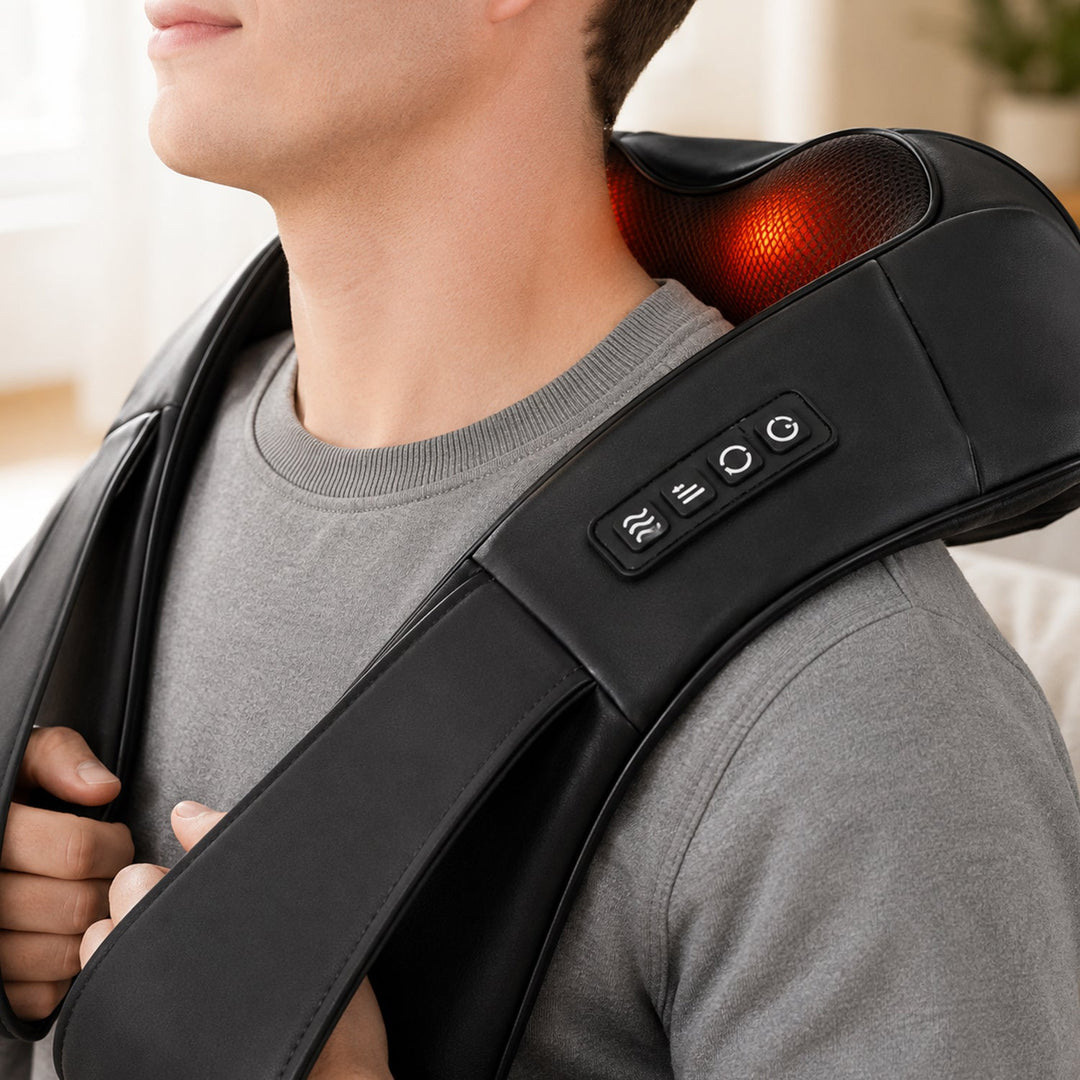 Close-up of a person wearing the black electric heated neck and shoulder massager at home