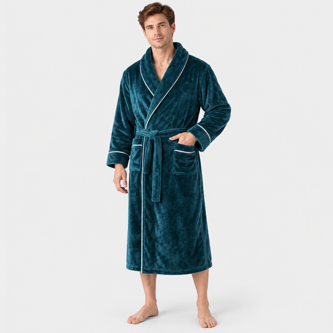 Soft plush sleepwear long robe for men in warm cozy loungewear style