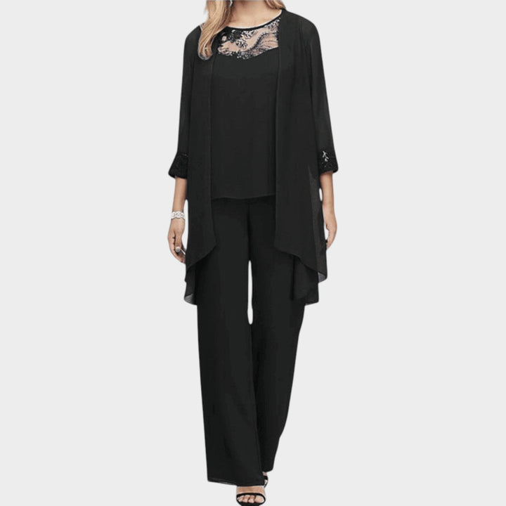 Model wearing women's formal three piece black chiffon pant suit