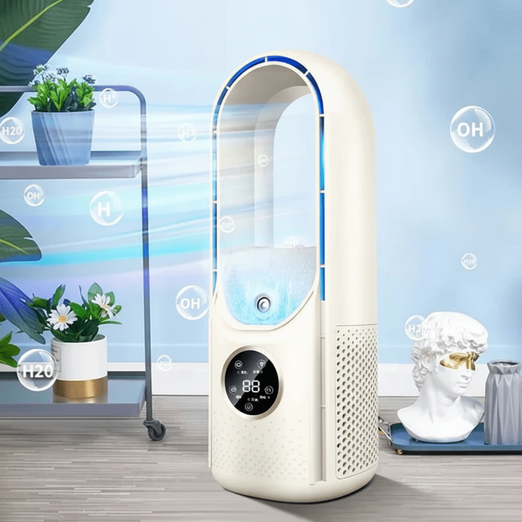 Desktop bladeless cooling fan with digital display and misting function on a desk