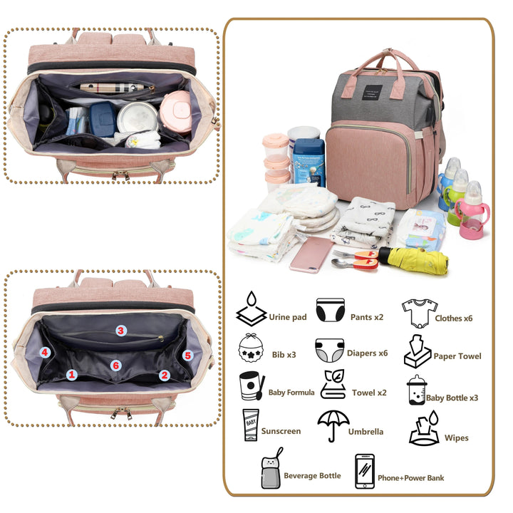 Demonstration of the USB charging cable connection on the exterior of the diaper bag