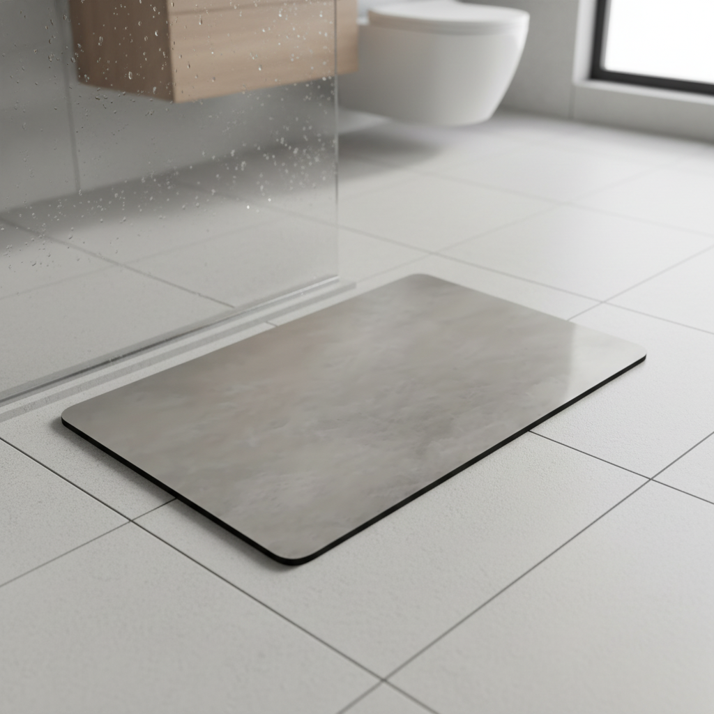 Grey diatomite stone bath mat placed on white tile floor in a modern bathroom