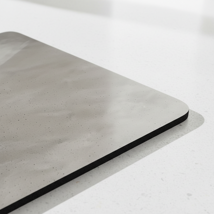 Close-up view of textured porous diatomaceous earth surface and black rubber backing