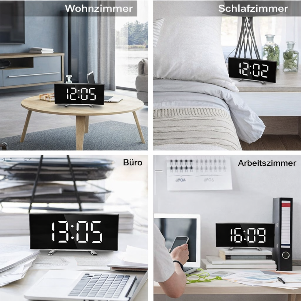 Digital alarm clock displayed in modern living room, bedroom, and office settings