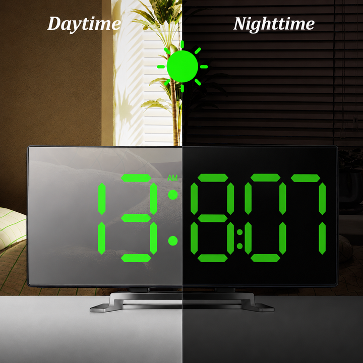 Green LED digital clock demonstrating daytime and nighttime brightness adjustment