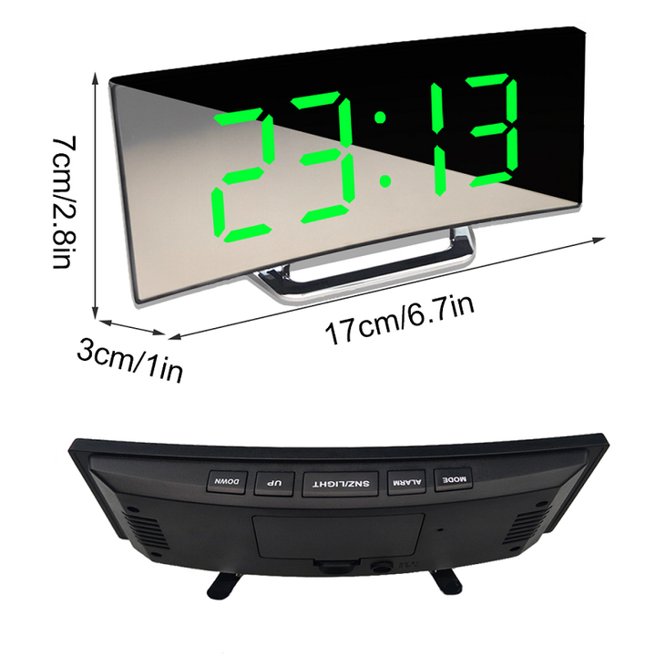 Digital LED alarm clock showcasing bright time display on a sleek mirrored surface for modern bedroom decor.