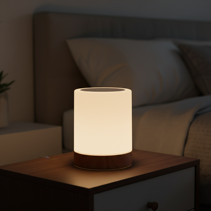 Modern cylindrical night light glowing warmly on a wooden bedside table