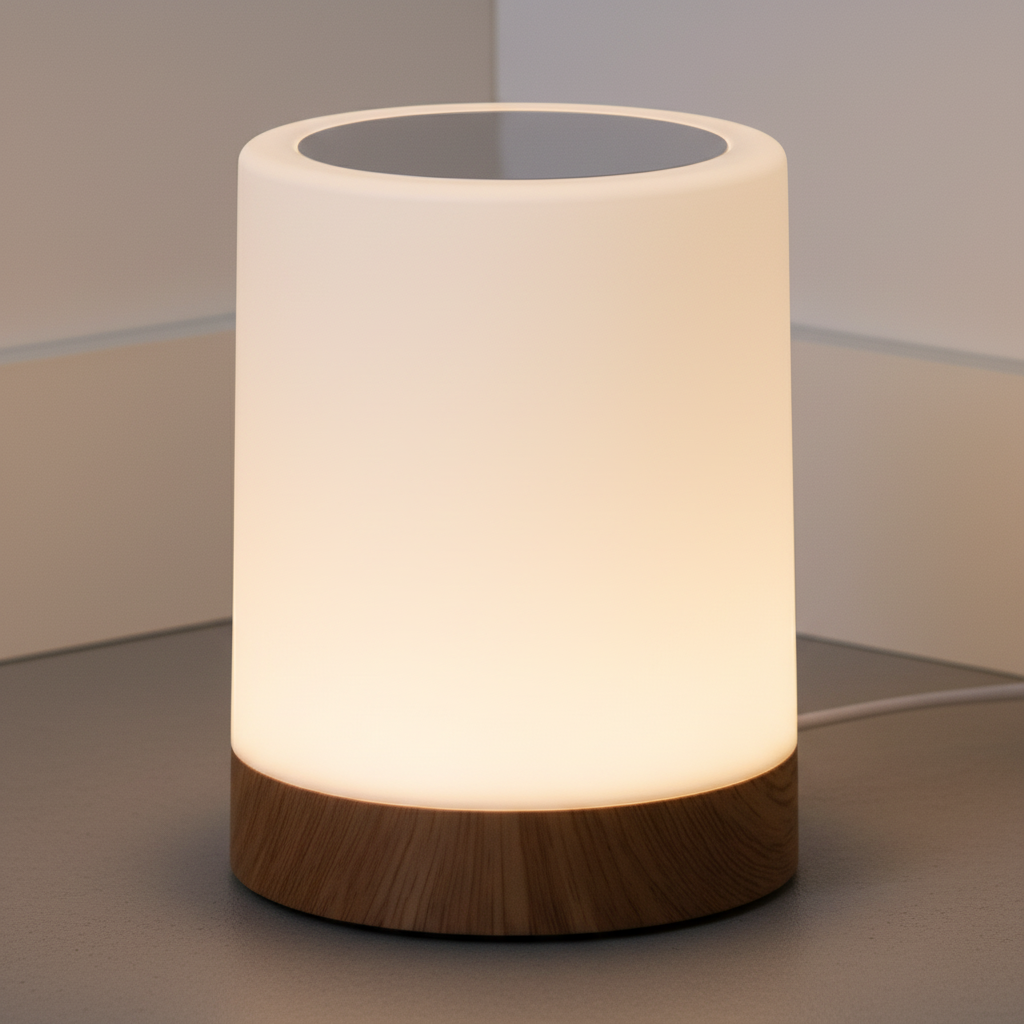 Illuminated touch night light casting a soft glow in a modern room