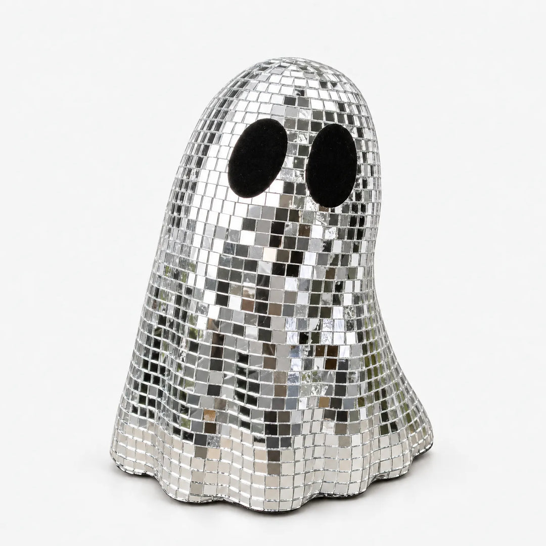 Studio product shot of the mirrored disco ghost figurine against a plain background