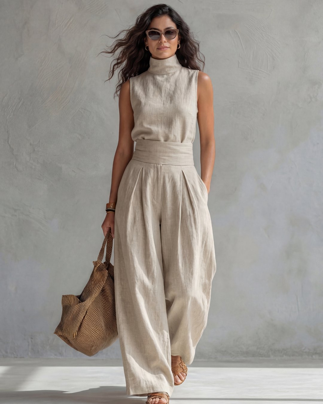 Woman wearing Ivory White Viviette wide leg pants and top set with sunglasses and tote bag