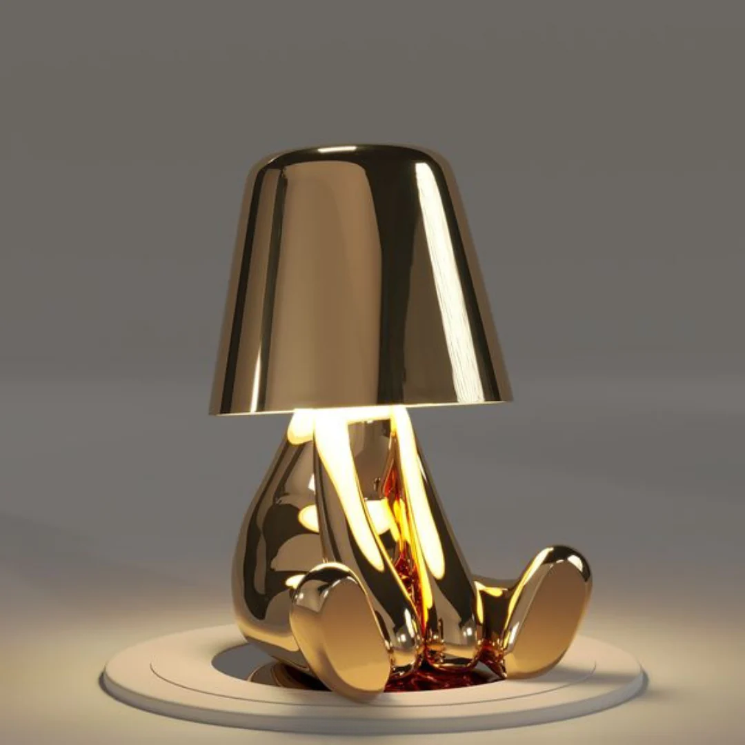 Portable cordless lamp placed on an outdoor patio table during twilight