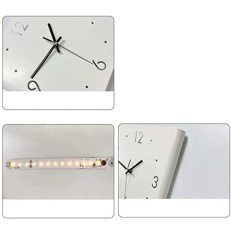Illuminated square wall clock glowing softly in a modern living room setting