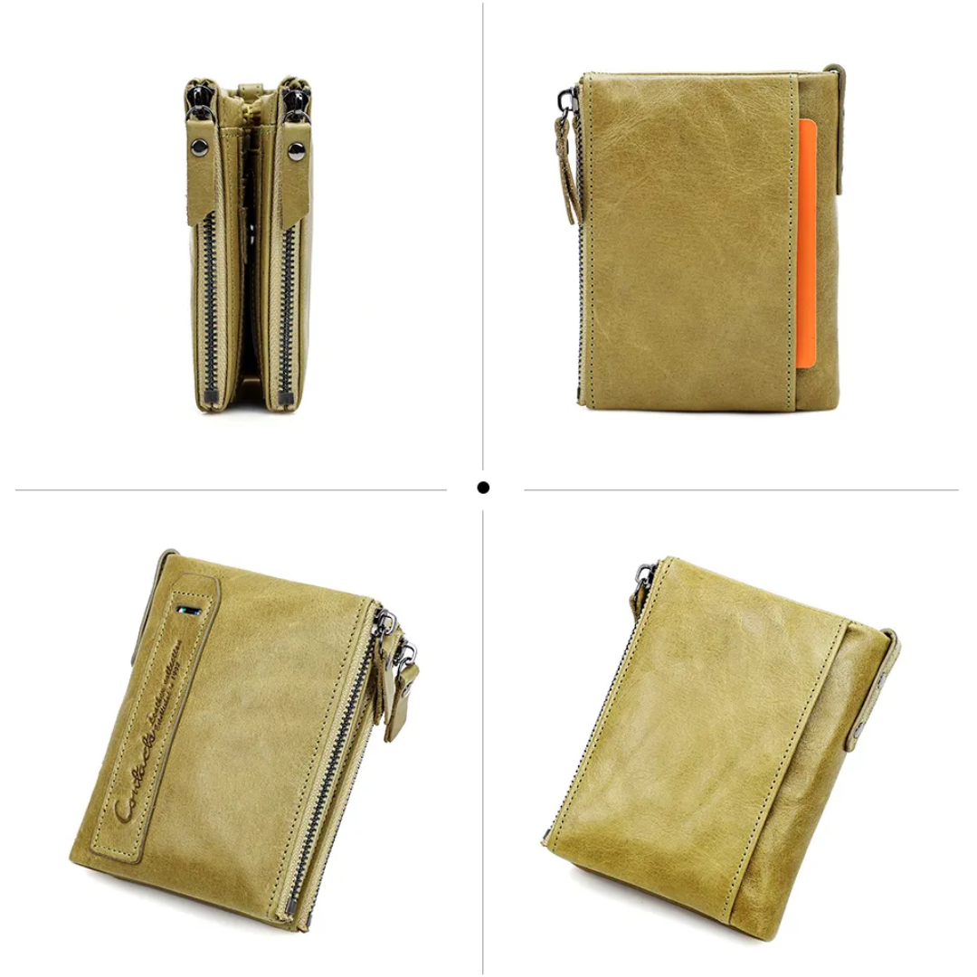 Zipper pull detail on a stylish women's leather look wallet