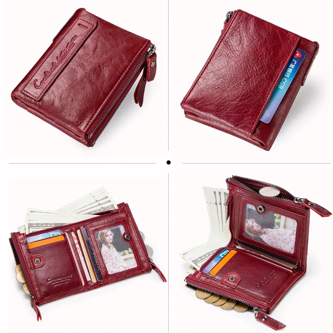 Compact everyday wallet showing front closure and texture