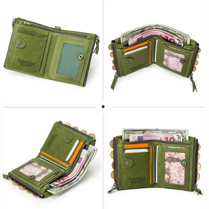 Angle shot of the small zipper wallet with multiple compartments