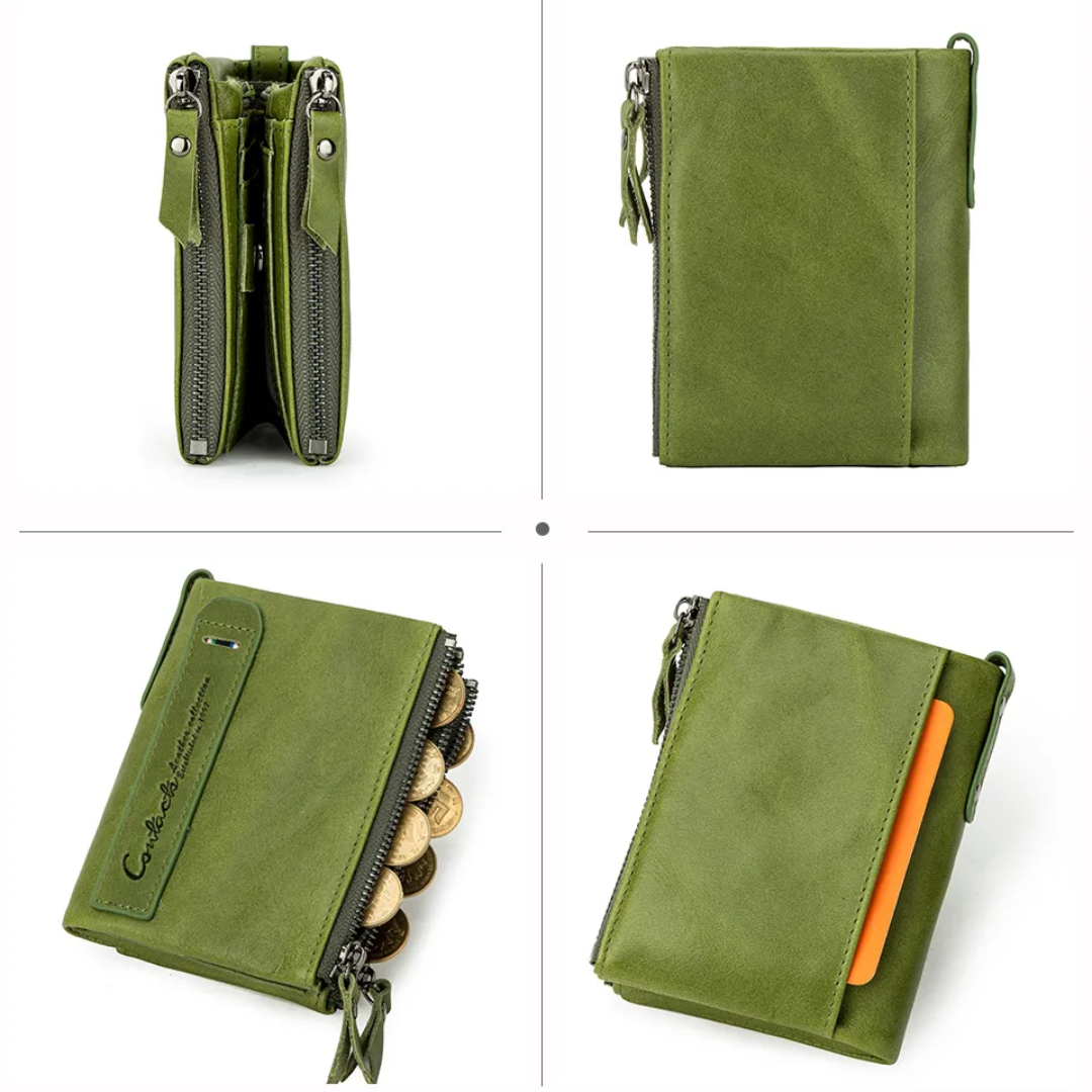 Women's double zip wallet staged with everyday essentials