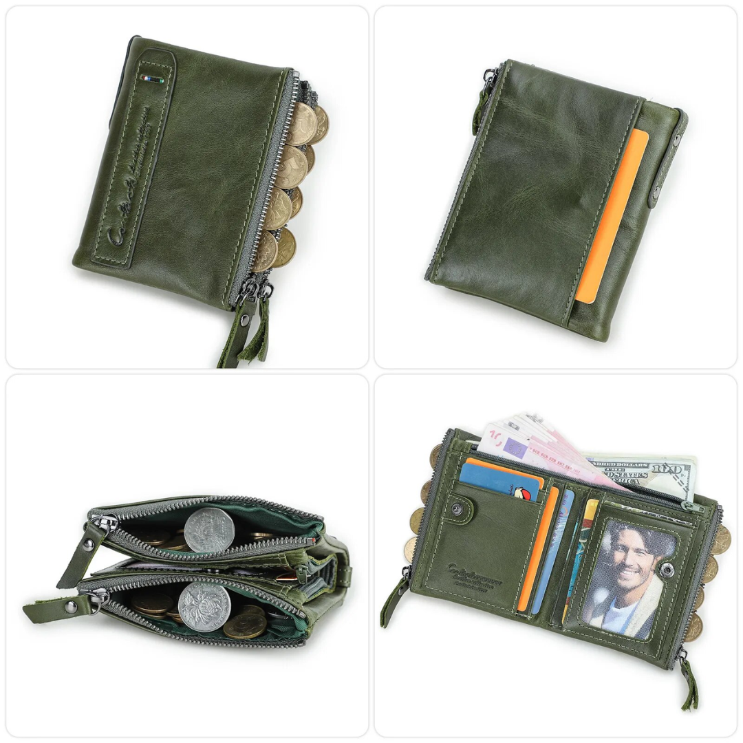 Small women's wallet featuring dual zipper compartments and card slots