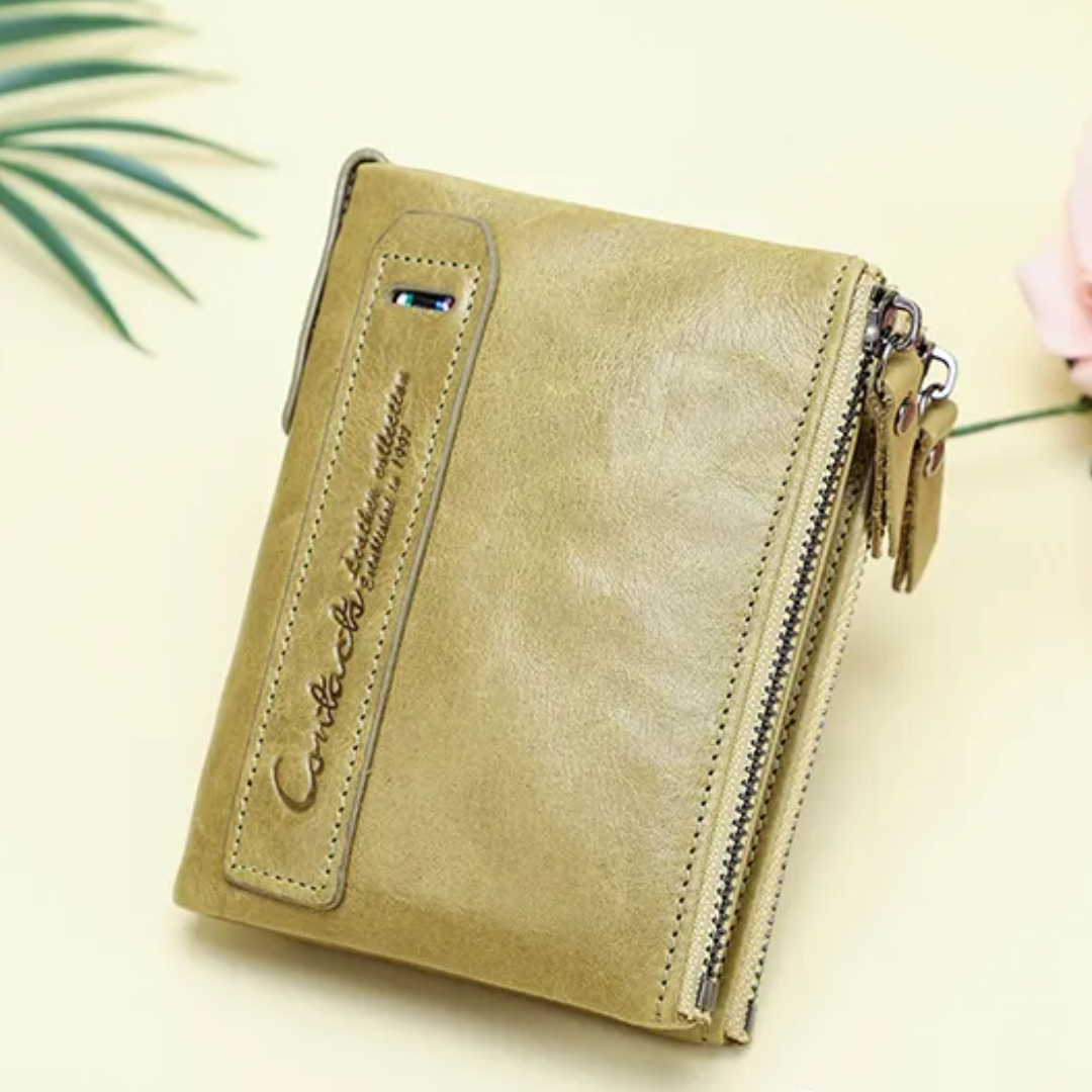 Close-up view of gold-tone metal zippers on a compact wallet