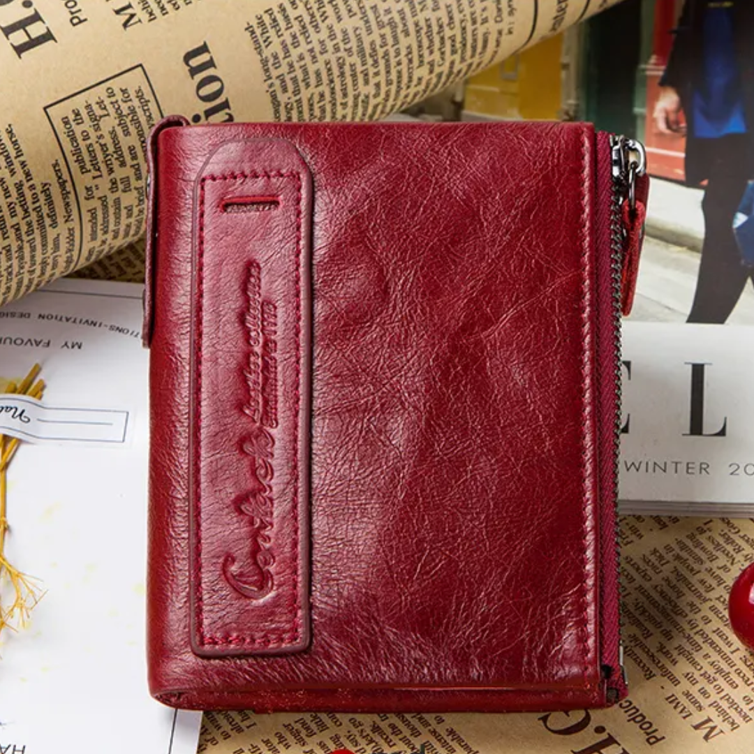 Back view of the women's double zip compact wallet design