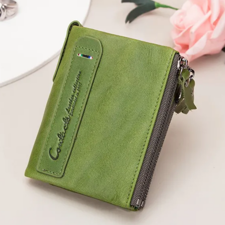 Side profile of the slim leather look everyday women's wallet