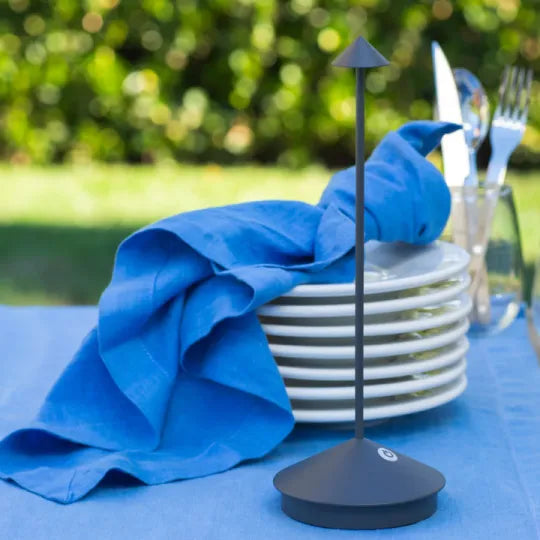 Outdoor lighting setup with the weatherproof wireless lamp on a patio table
