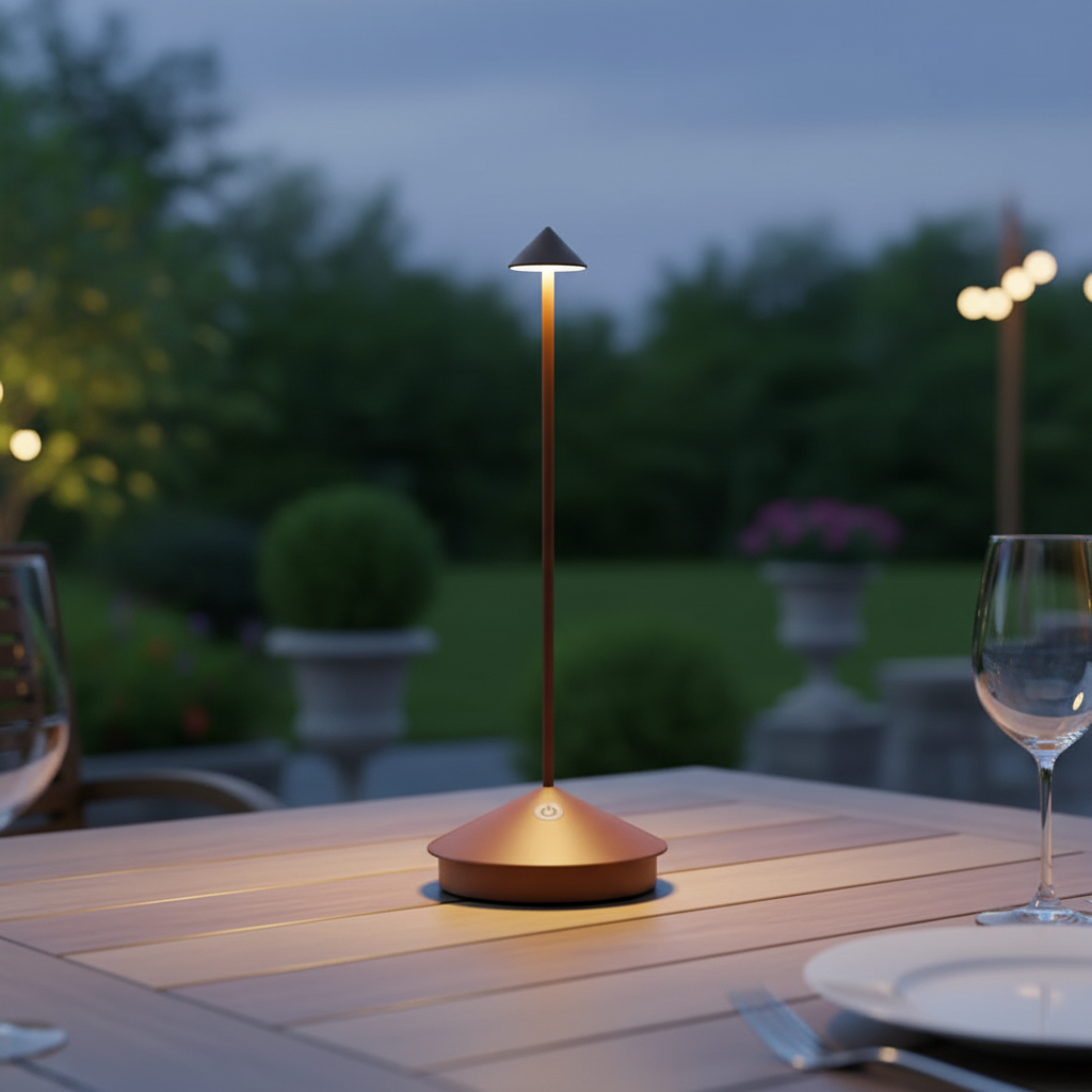 Modern wireless LED table lamp placed on an outdoor wooden table during dusk