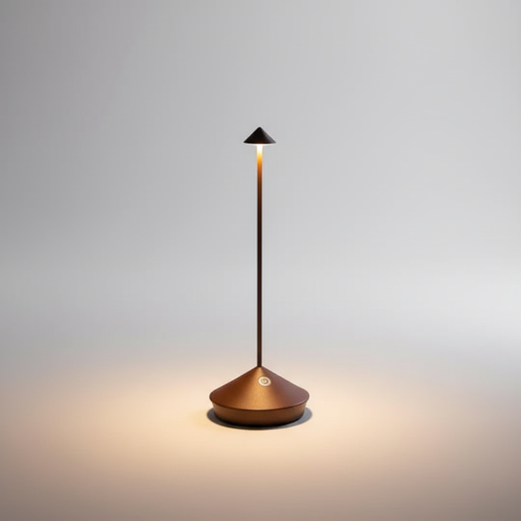 Minimalist brown wireless table lamp glowing against a neutral studio background