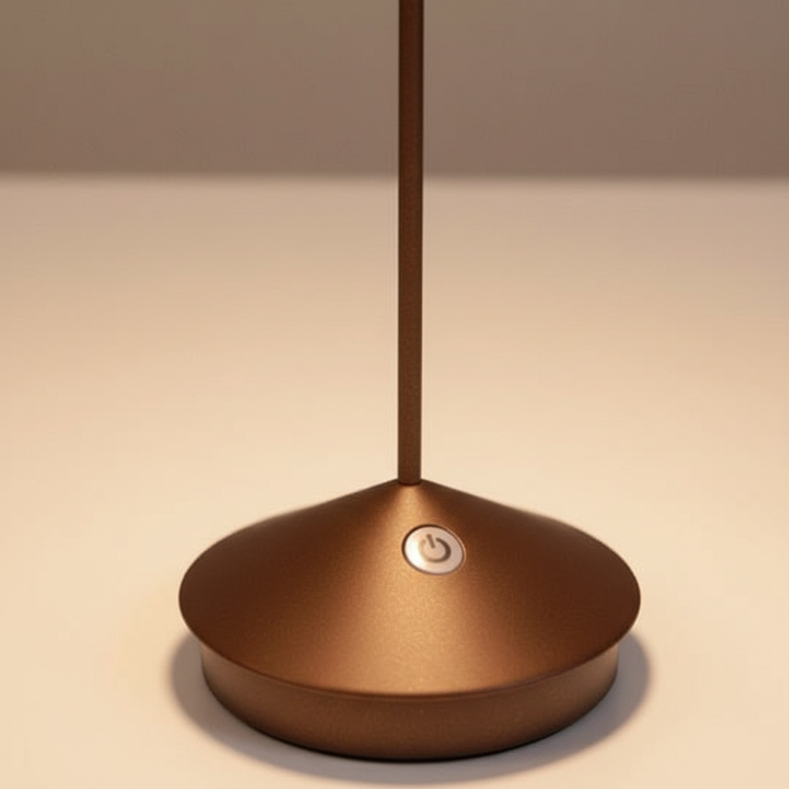 Close-up of the power button and base of the rechargeable table lamp