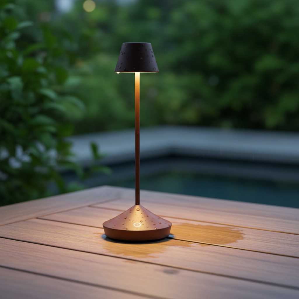 Cordless LED table lamp placed on an outdoor wooden table beside a pool