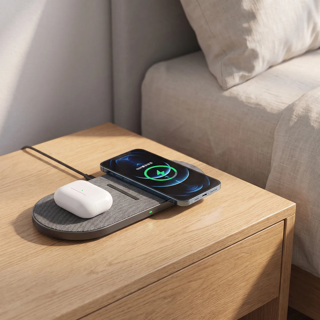 Grey dual pad wireless charger powering a smartphone and wireless earbuds on a wooden nightstand.