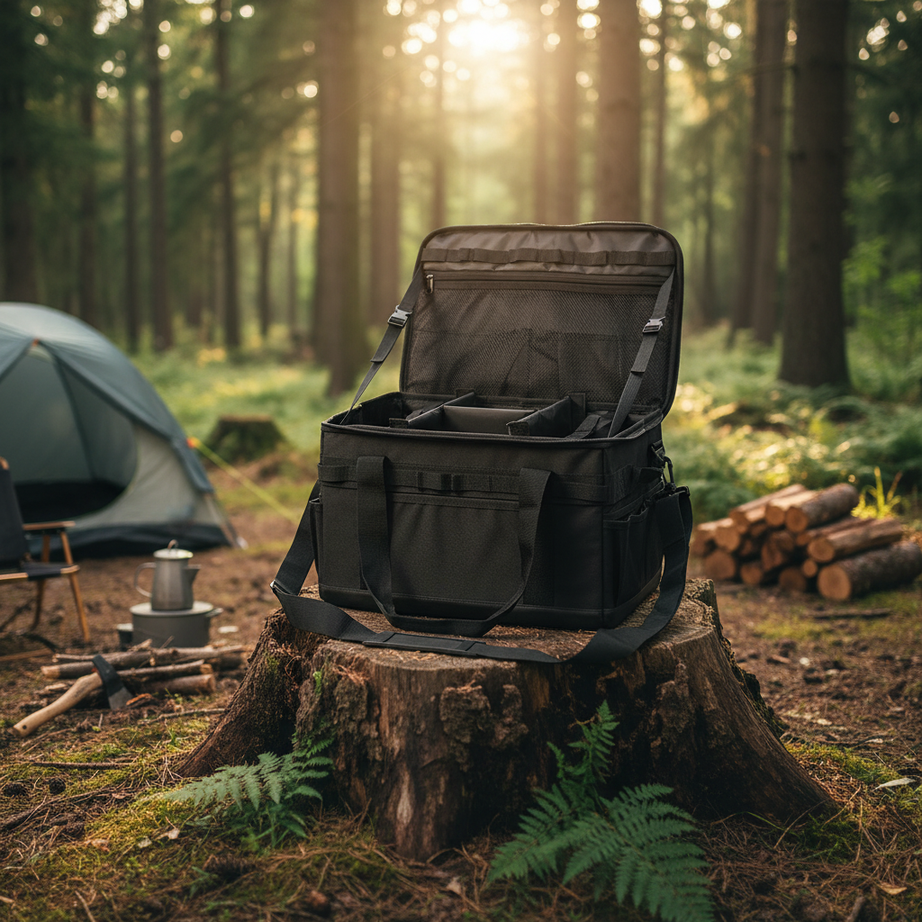 Black camping organizer bag set on a tree stump in a serene forest campsite