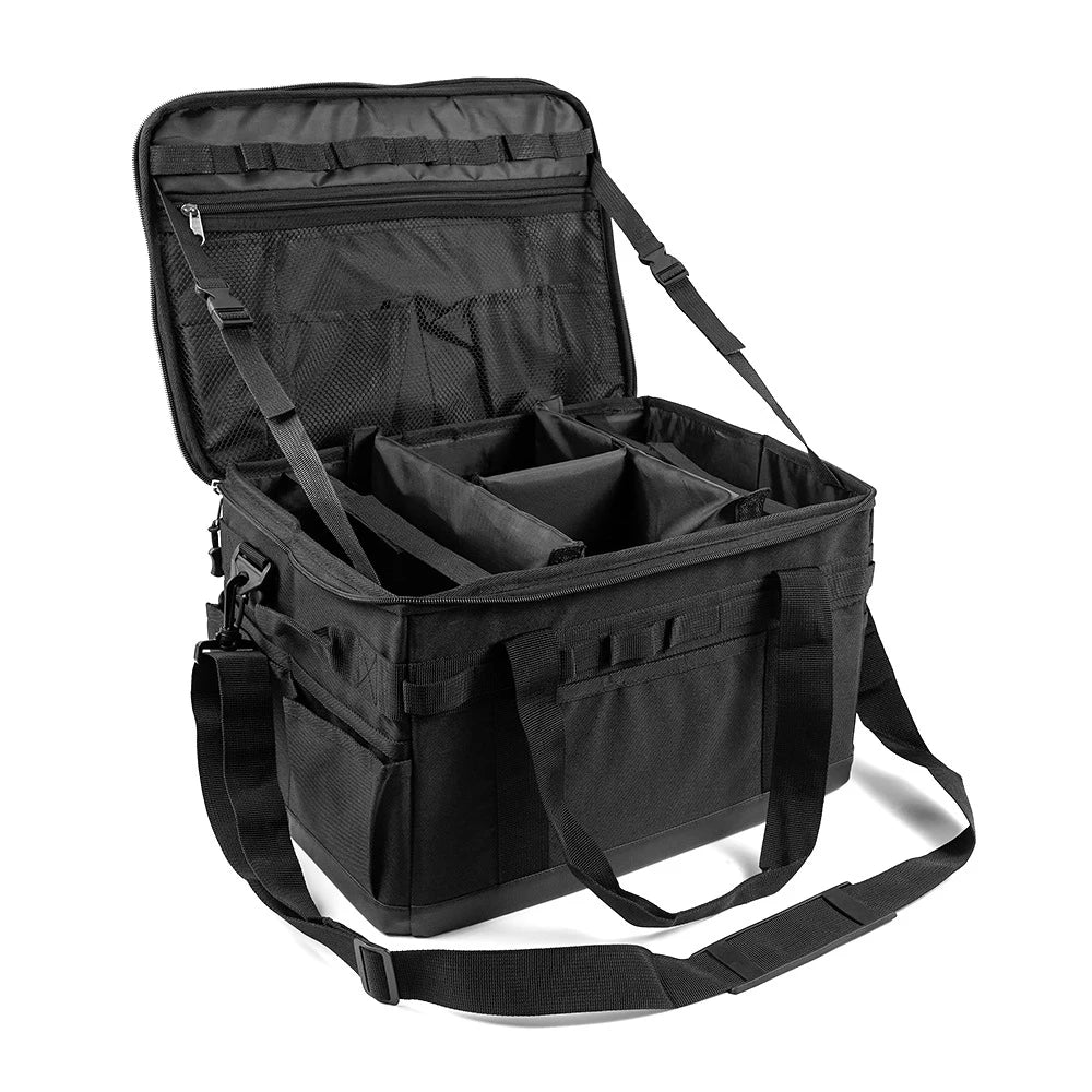 Open black camping storage bag with adjustable dividers and organizational pockets